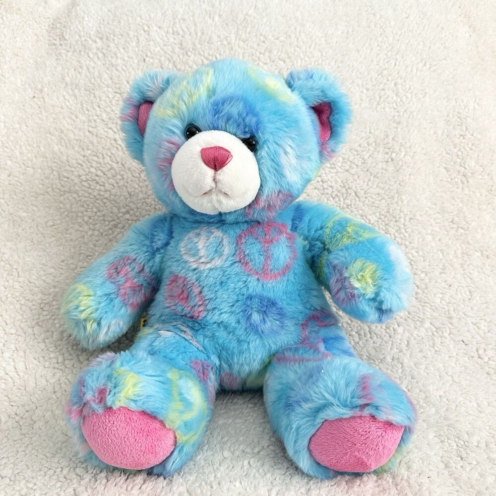 BAB Build A Bear 17" Plush Teddy Bear Colorful Peace Signs Plush Stuffed Animal